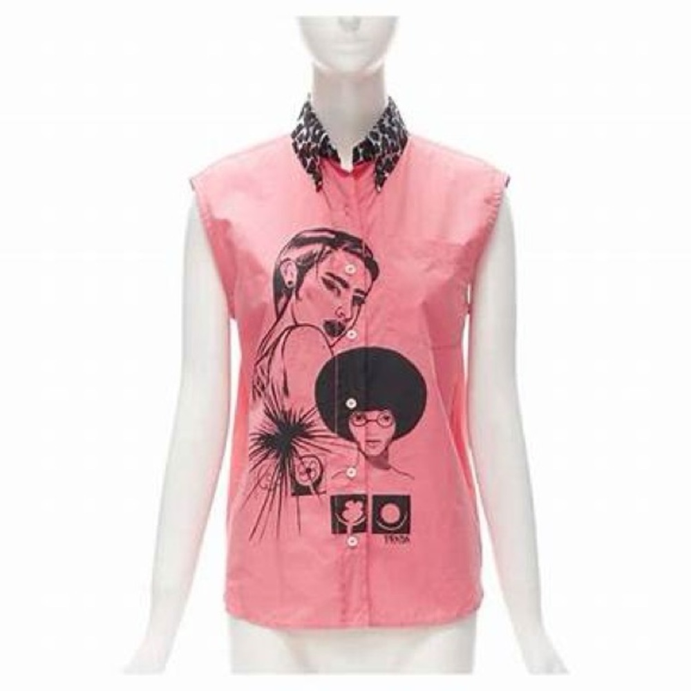 Prada Top Sleeveless Button Down Shirt with Comics Print Pink Black Size 8 (44) - Picture 3 of 16
